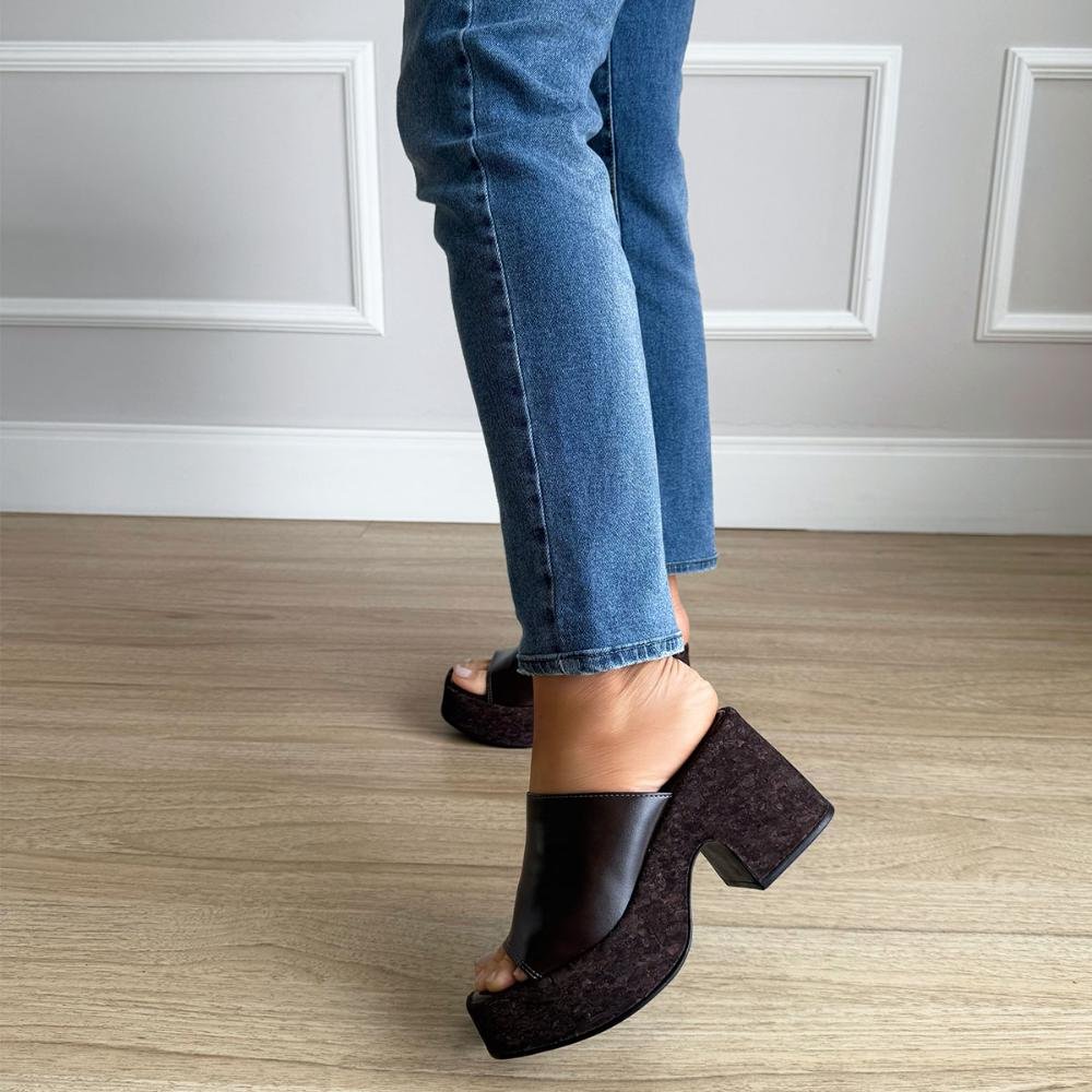 Alicia - Tamanco Plataforma Marrom Salto Bloco Solado Cortiça Marrom 7