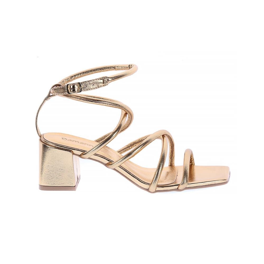 Daiana - Sandália Dourada de Tiras com Salto Bloco e Amarração no Tornozelo