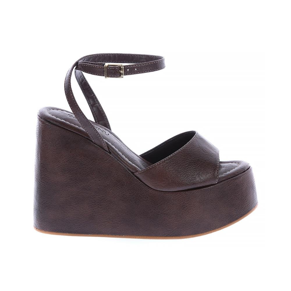 Agatha - Sandália Plataforma Anabela Marrom com Tira no Tornozelo