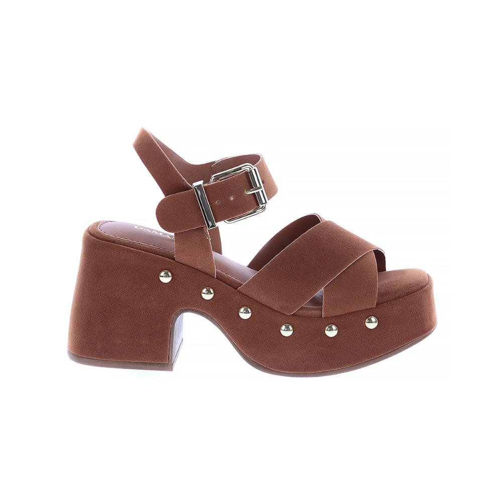 Thaysa - Sandália Plataforma Camurça Caramelo com Fivela e Tachas