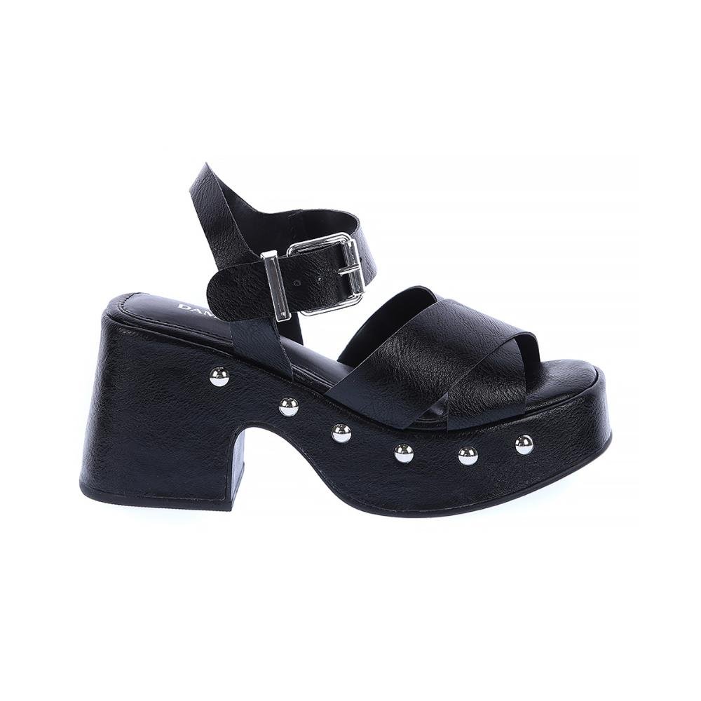 Thaysa - Sandália Plataforma Preta com Fivela e Tachas