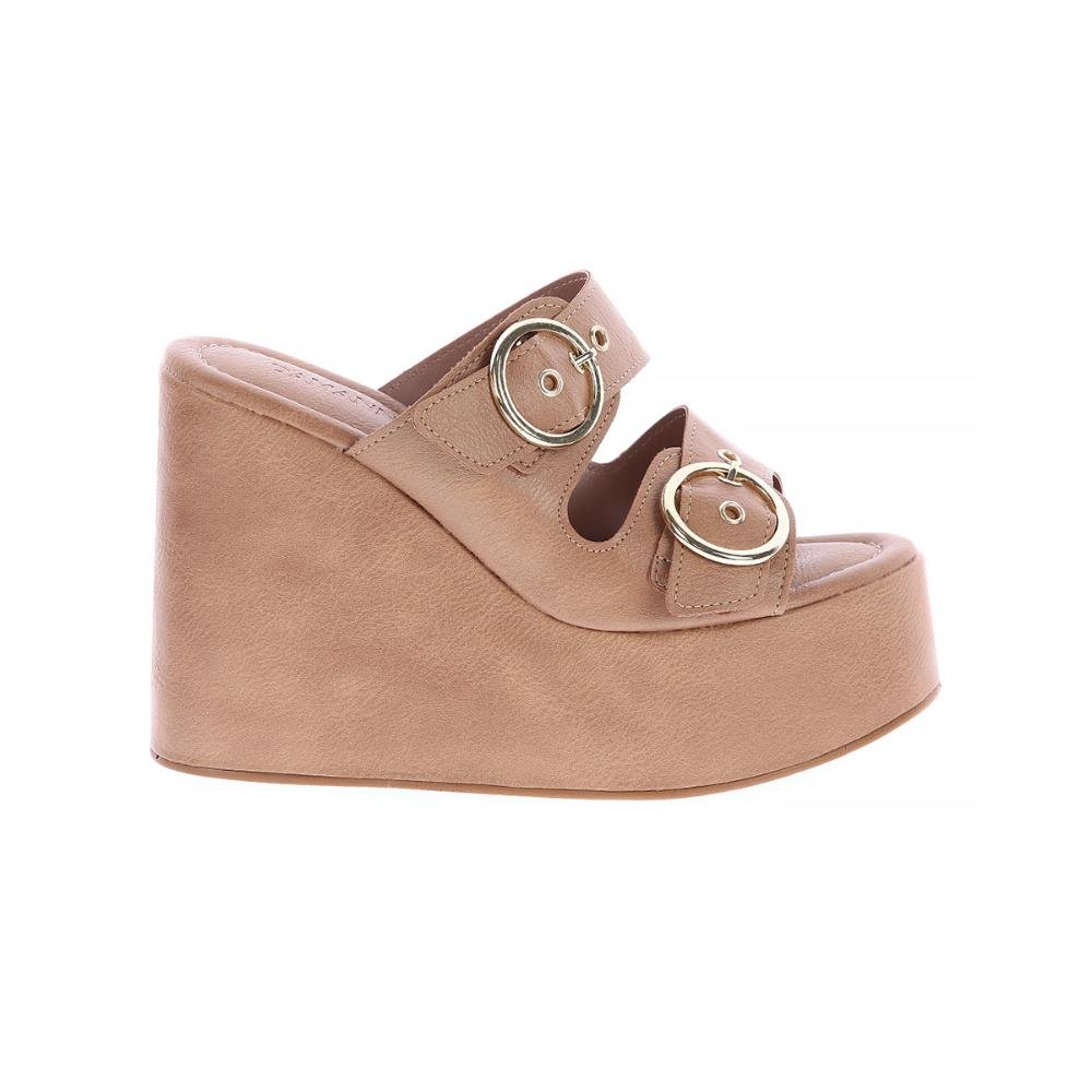 Luany - Tamanco Plataforma Bege com Fivelas Douradas