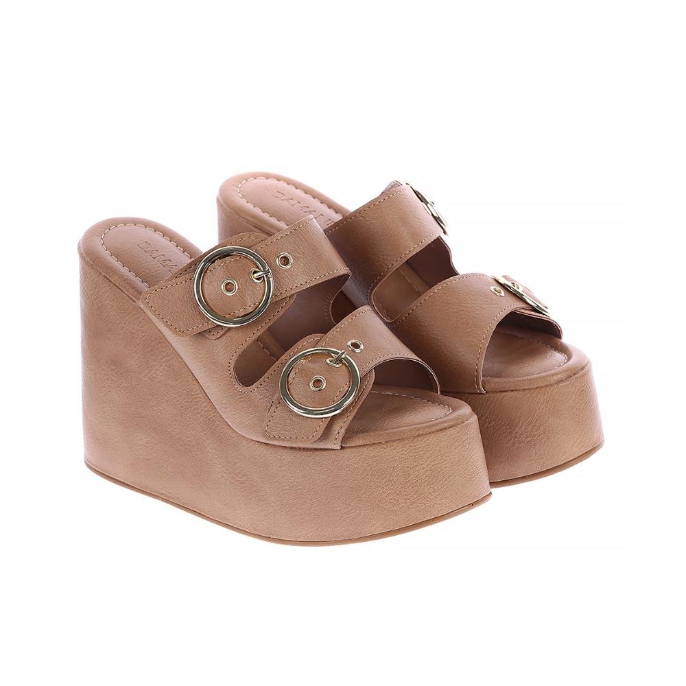 Luany - Tamanco Plataforma Bege com Fivelas Douradas Bege 3