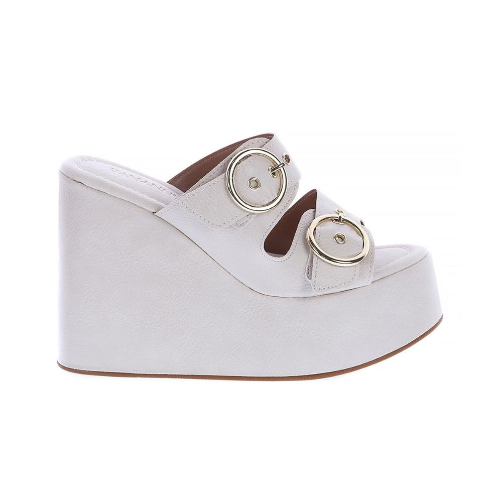 Luany - Tamanco Plataforma Off White com Fivelas Douradas