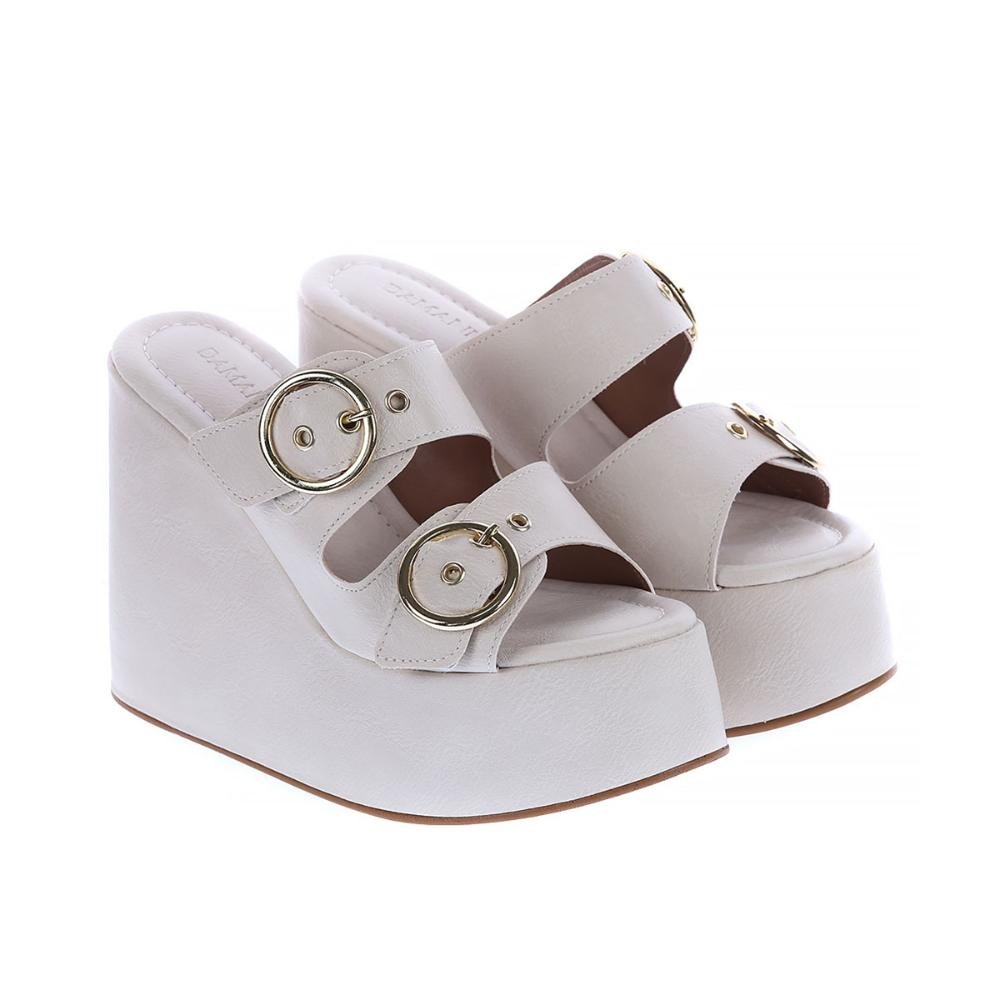 Luany - Tamanco Plataforma Off White com Fivelas Douradas Branco 4