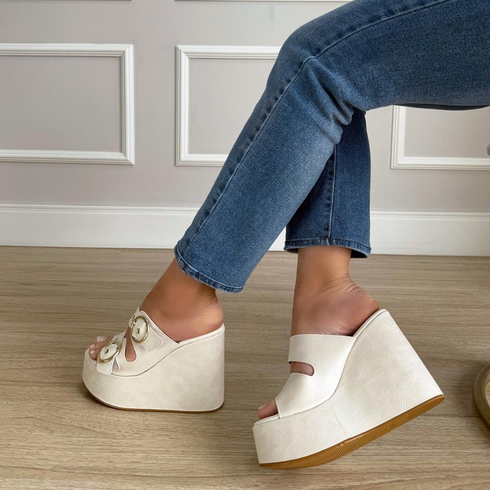 Luany - Tamanco Plataforma Off White com Fivelas Douradas Branco 6