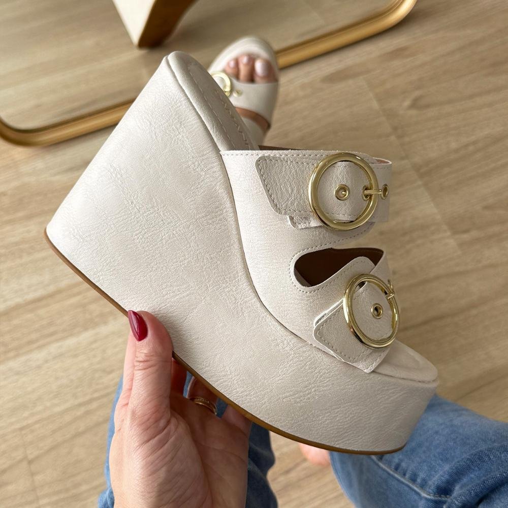 Luany - Tamanco Plataforma Off White com Fivelas Douradas Branco 8