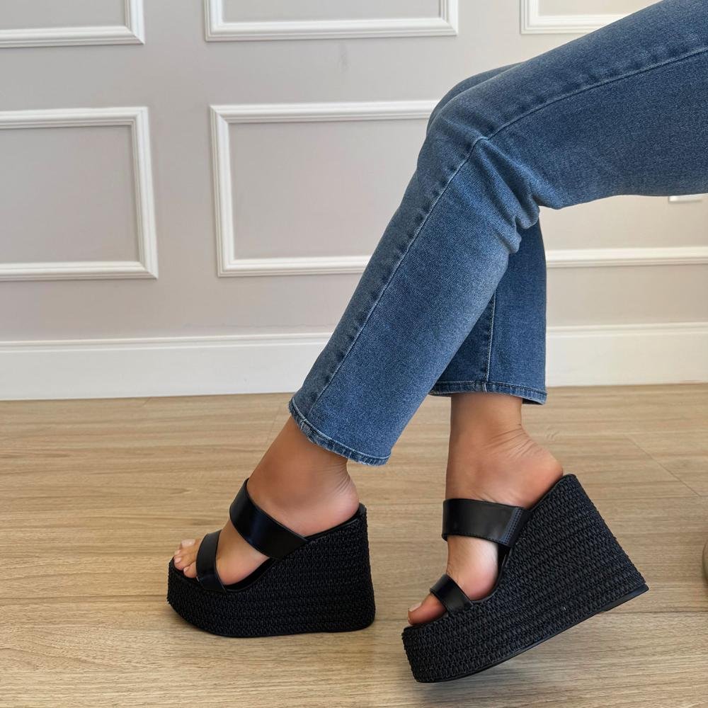 Michelle - Tamanco Plataforma Tressê Preta Preto 5