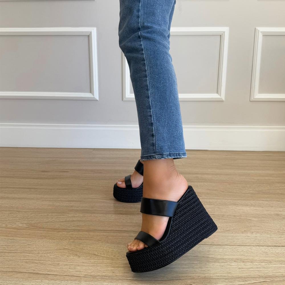 Michelle - Tamanco Plataforma Tressê Preta Preto 6