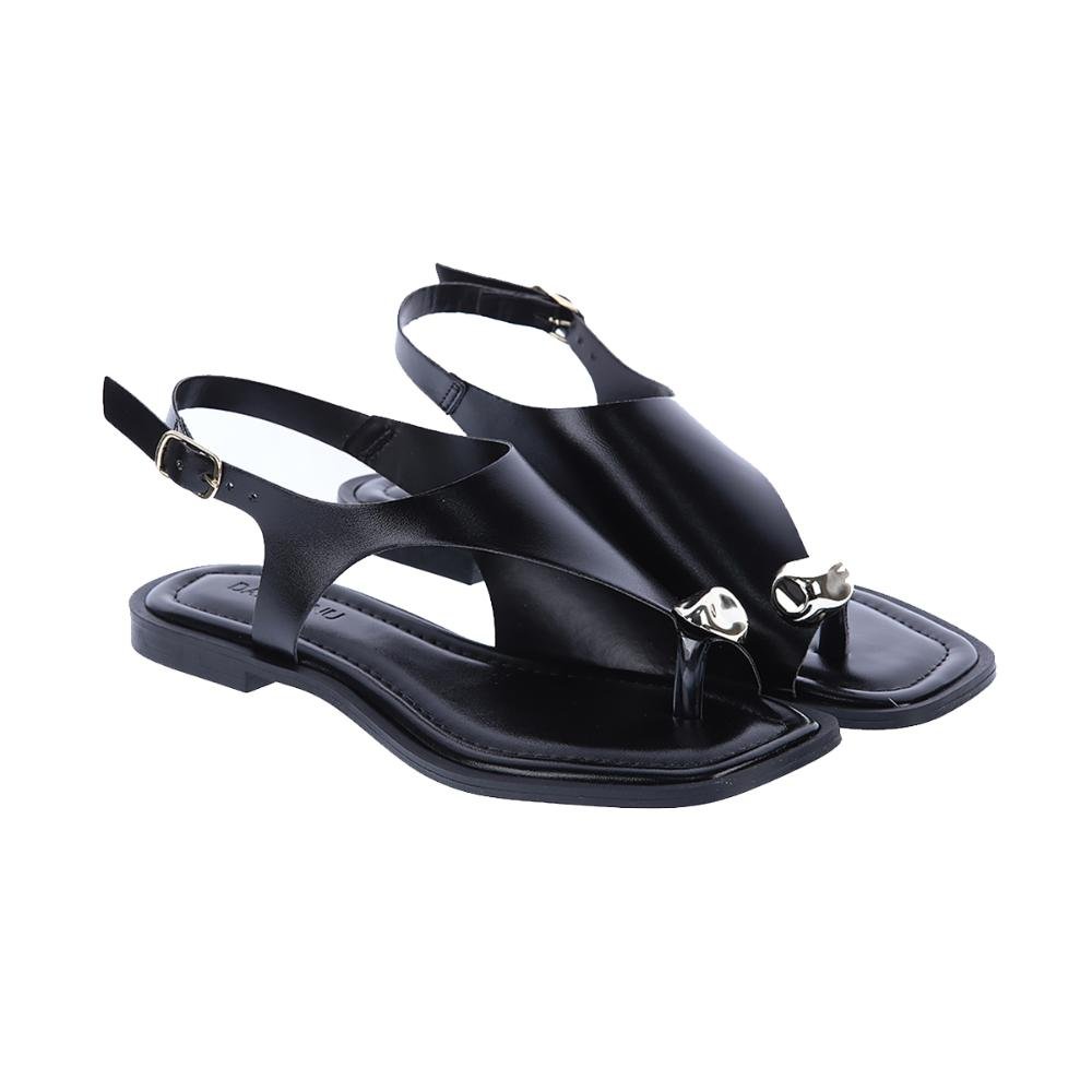 Dalila - Sandália Rasteira Preta Minimal Metal Detalhe Moderno Preto 3
