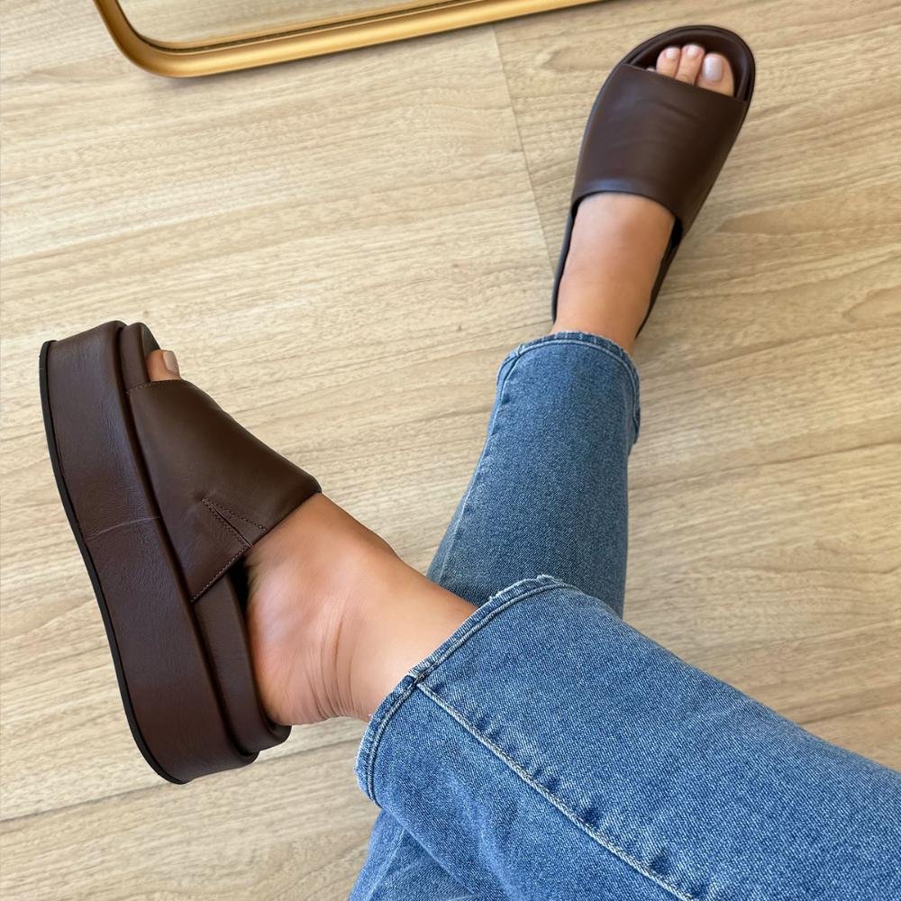 Luma - Flat Tamanco Couro Legítimo Marrom Marrom 2