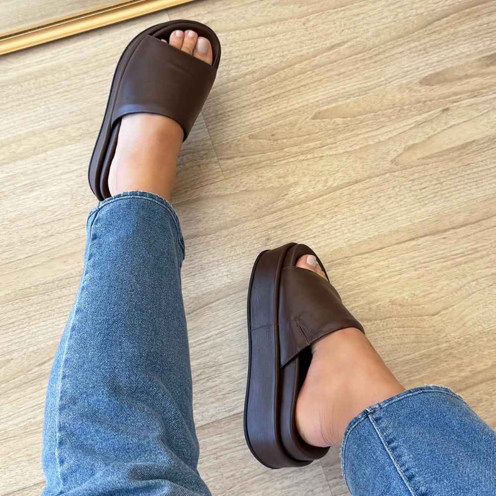 Luma - Flat Tamanco Couro Legítimo Marrom Marrom 8