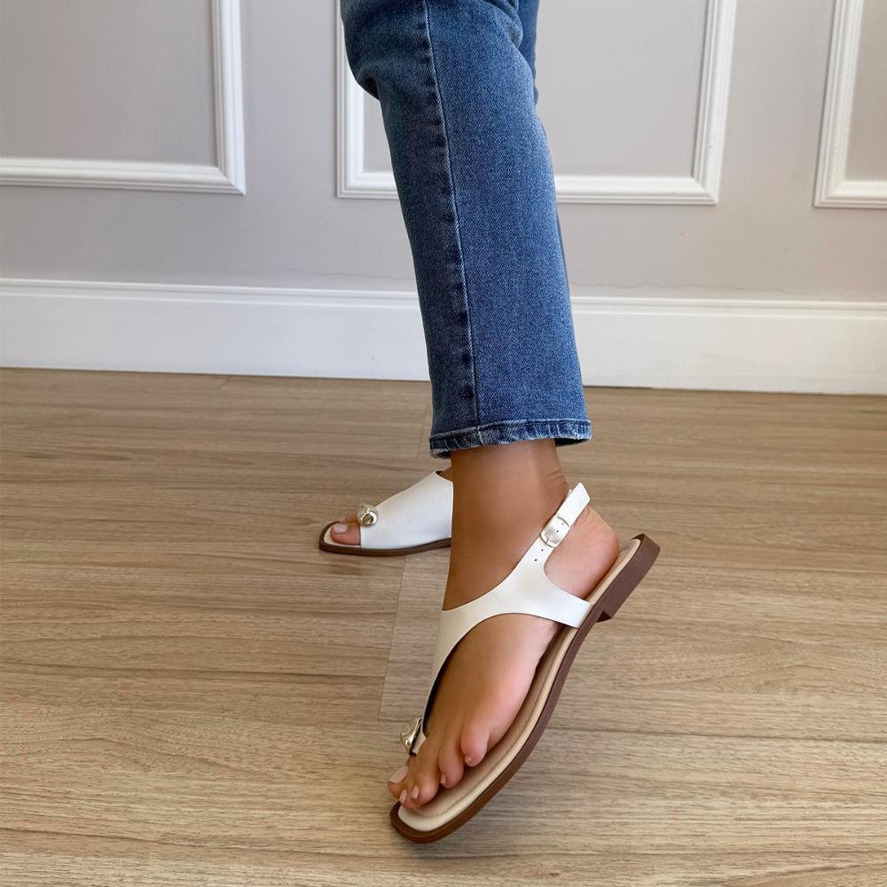 Dalila - Sandália Rasteira Off White Minimal Metal Detalhe Moderno Branco 6