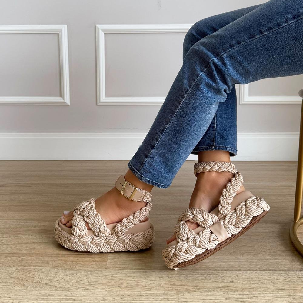 Faby - Sandália Plataforma Trançada em Corda Natural Bege 2