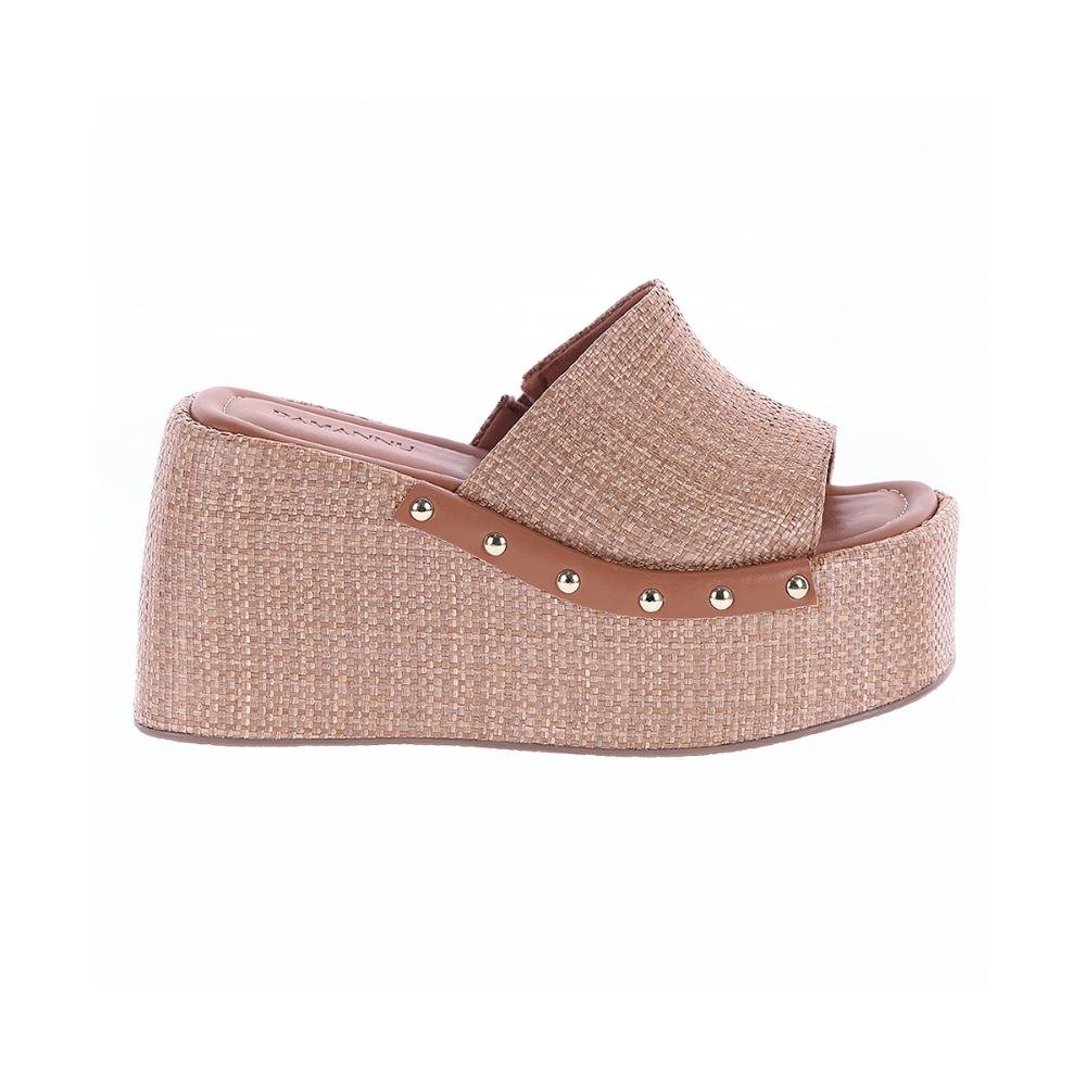 Hailey - Tamanco Plataforma Palha Tramada com Tachas