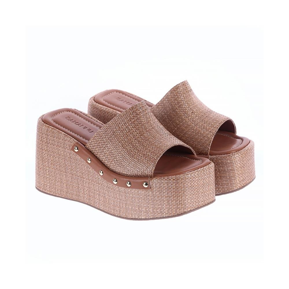 Hailey - Tamanco Plataforma Palha Tramada com Tachas Bege 3