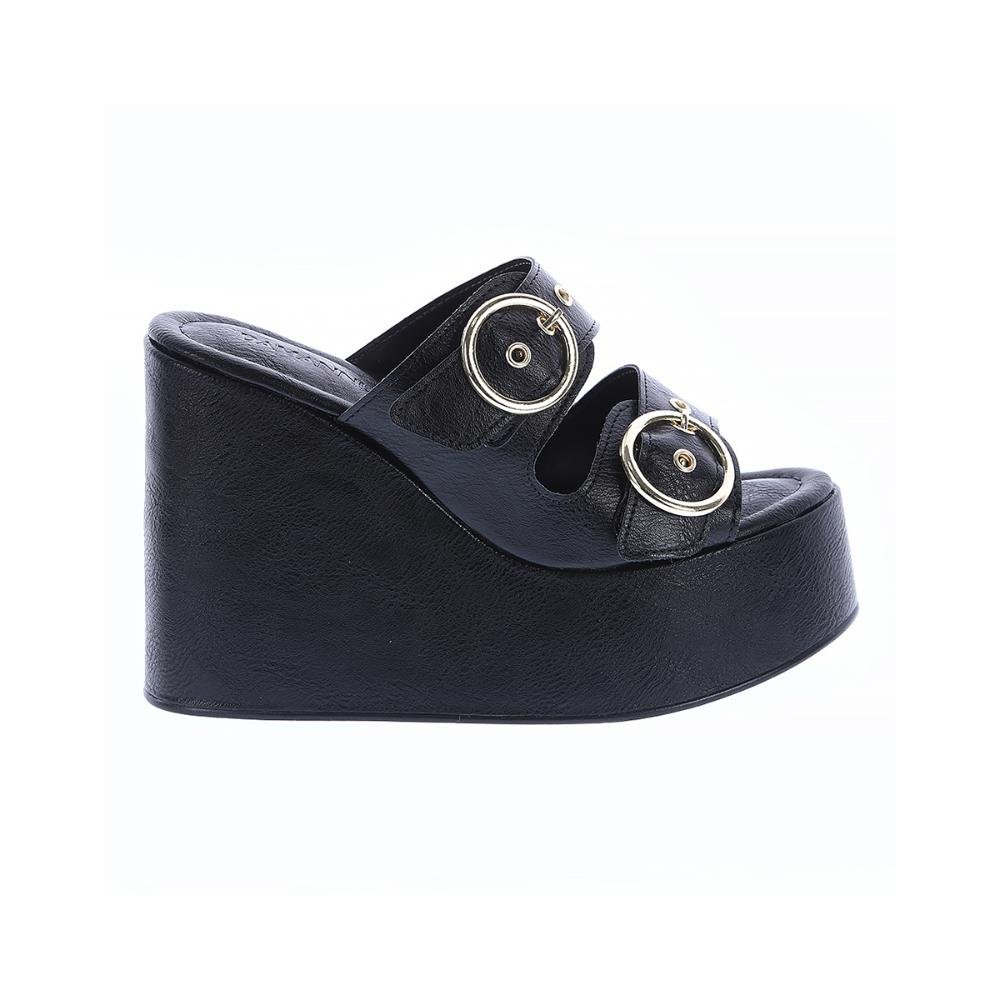 Luany - Tamanco Plataforma Preto com Fivelas Douradas