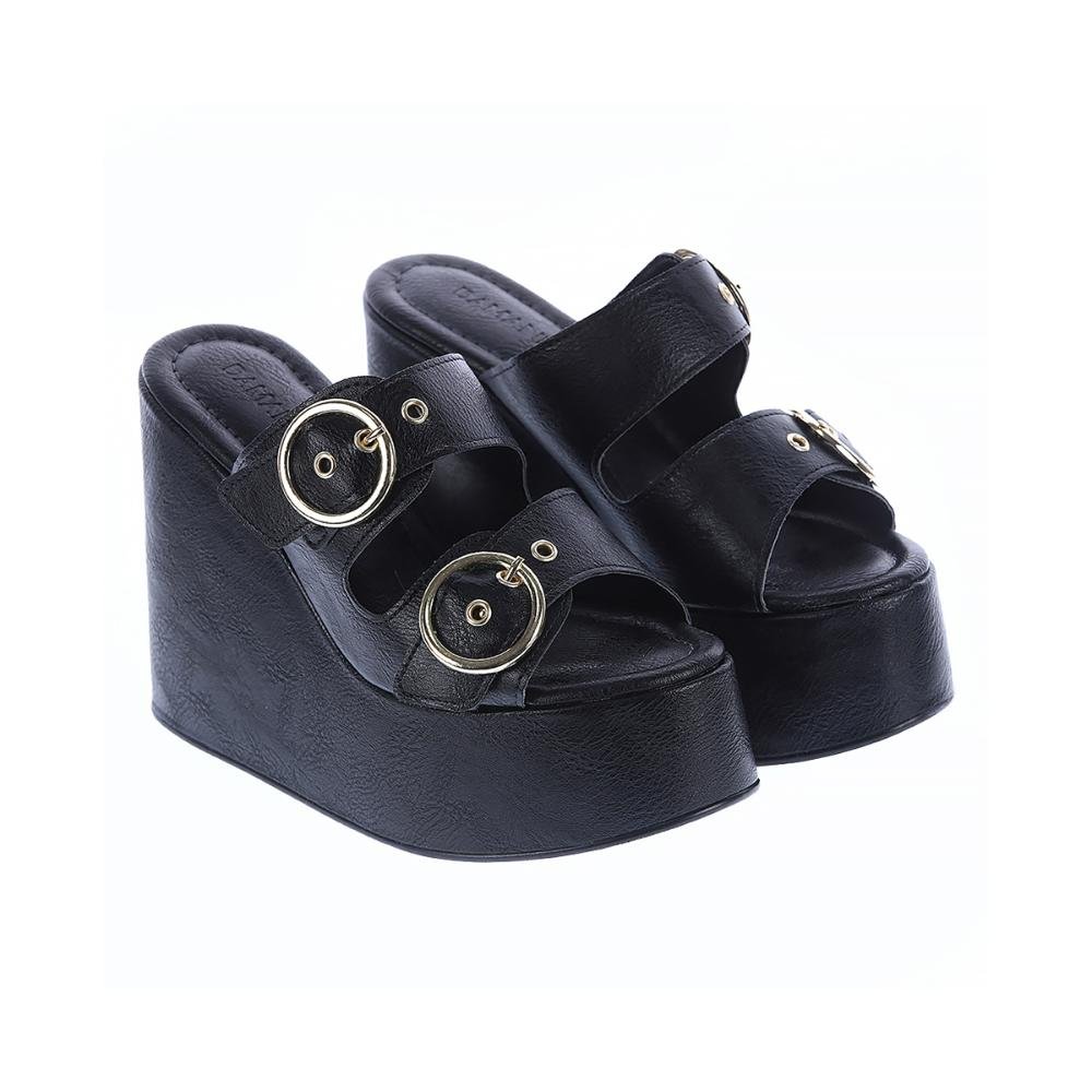 Luany - Tamanco Plataforma Preto com Fivelas Douradas Preto 3