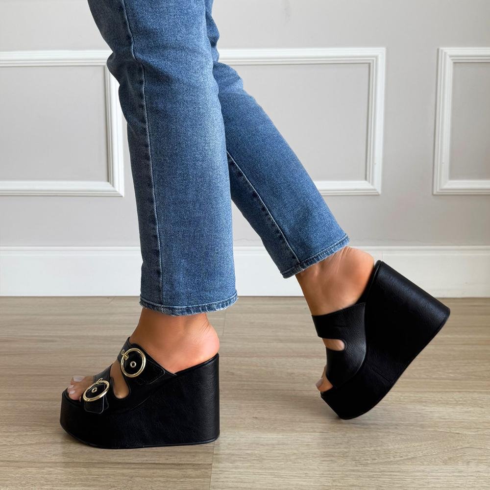 Luany - Tamanco Plataforma Preto com Fivelas Douradas Preto 6