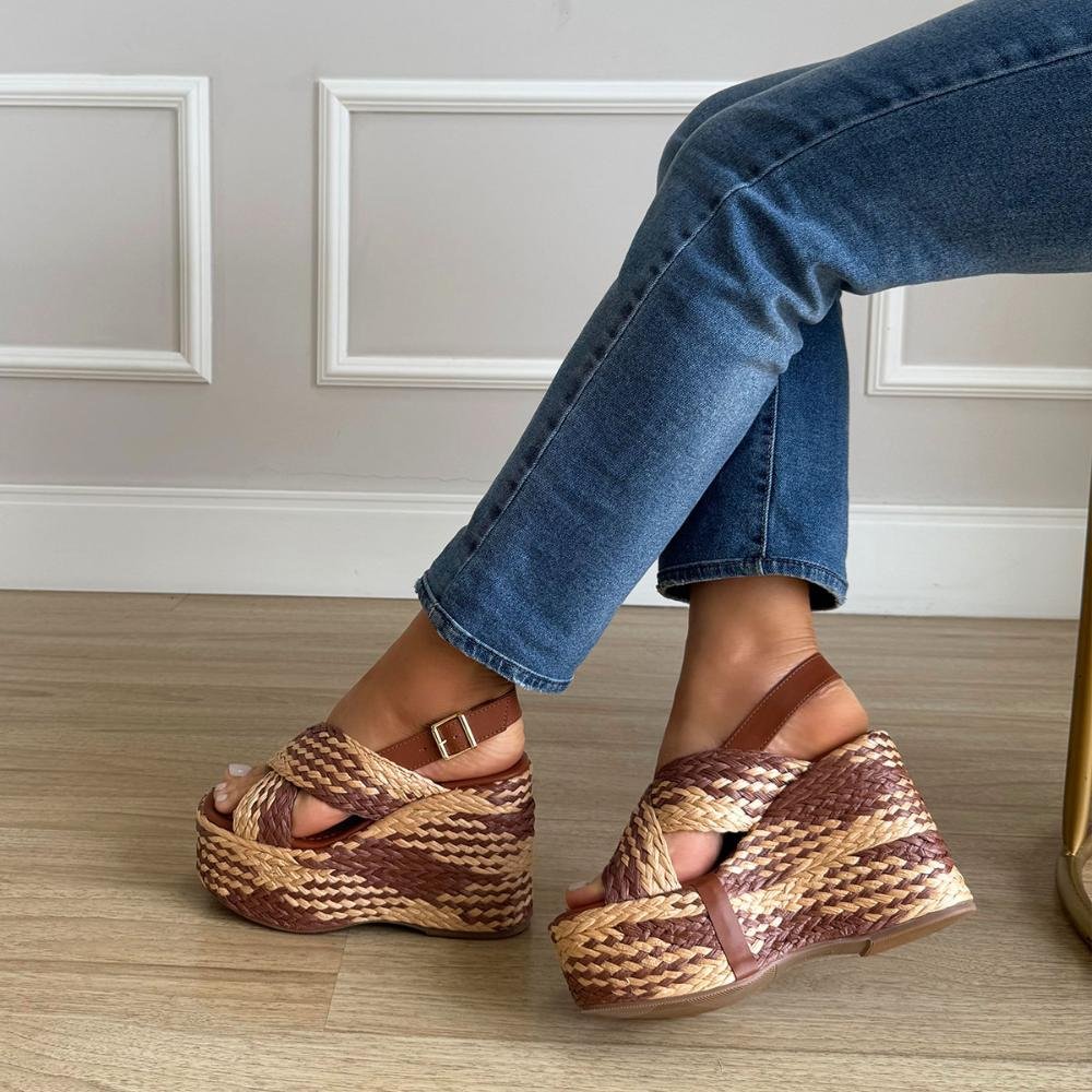 Ariel - Sandália Plataforma Tramada Marrom com Bege Marrom 2