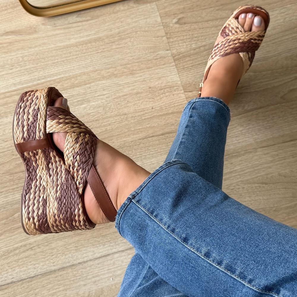 Ariel - Sandália Plataforma Tramada Marrom com Bege Marrom 5