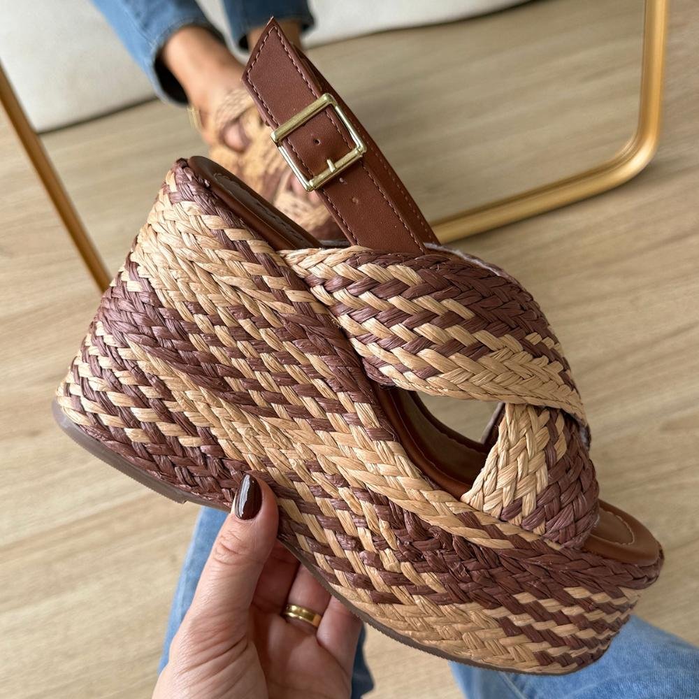 Ariel - Sandália Plataforma Tramada Marrom com Bege Marrom 6