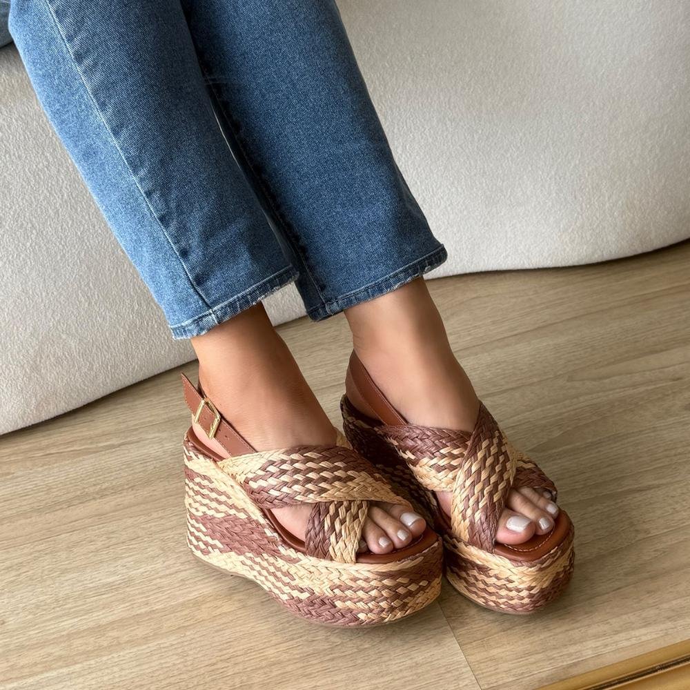 Ariel - Sandália Plataforma Tramada Marrom com Bege Marrom 7