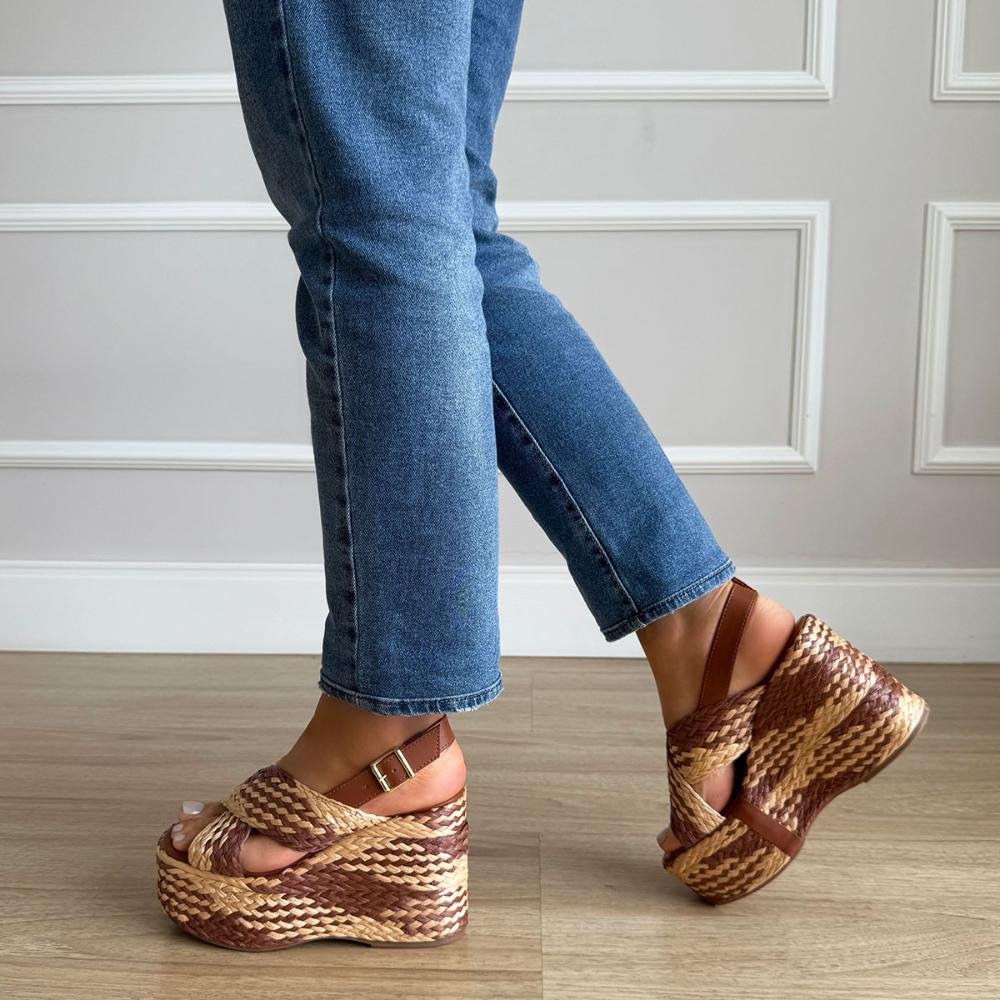 Ariel - Sandália Plataforma Tramada Marrom com Bege Marrom 8