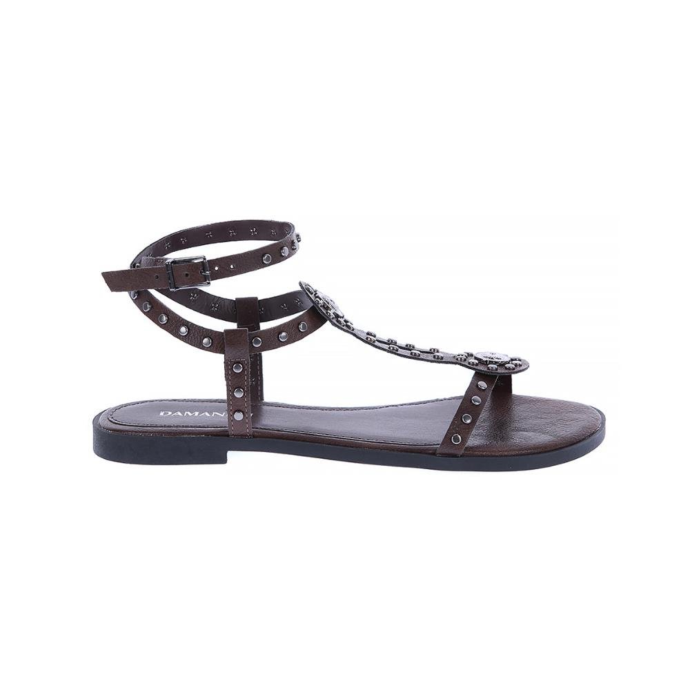 Noeli - Rasteira Feminina Marrom com Tachas e Detalhes Metálicos