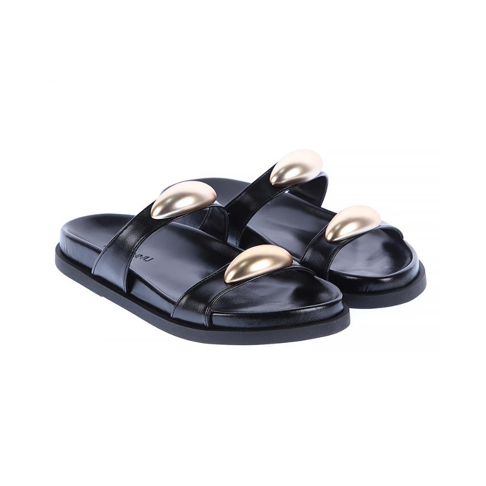 Lívia - Rasteira Feminina Preta com Detalhe Dourado Preto 3