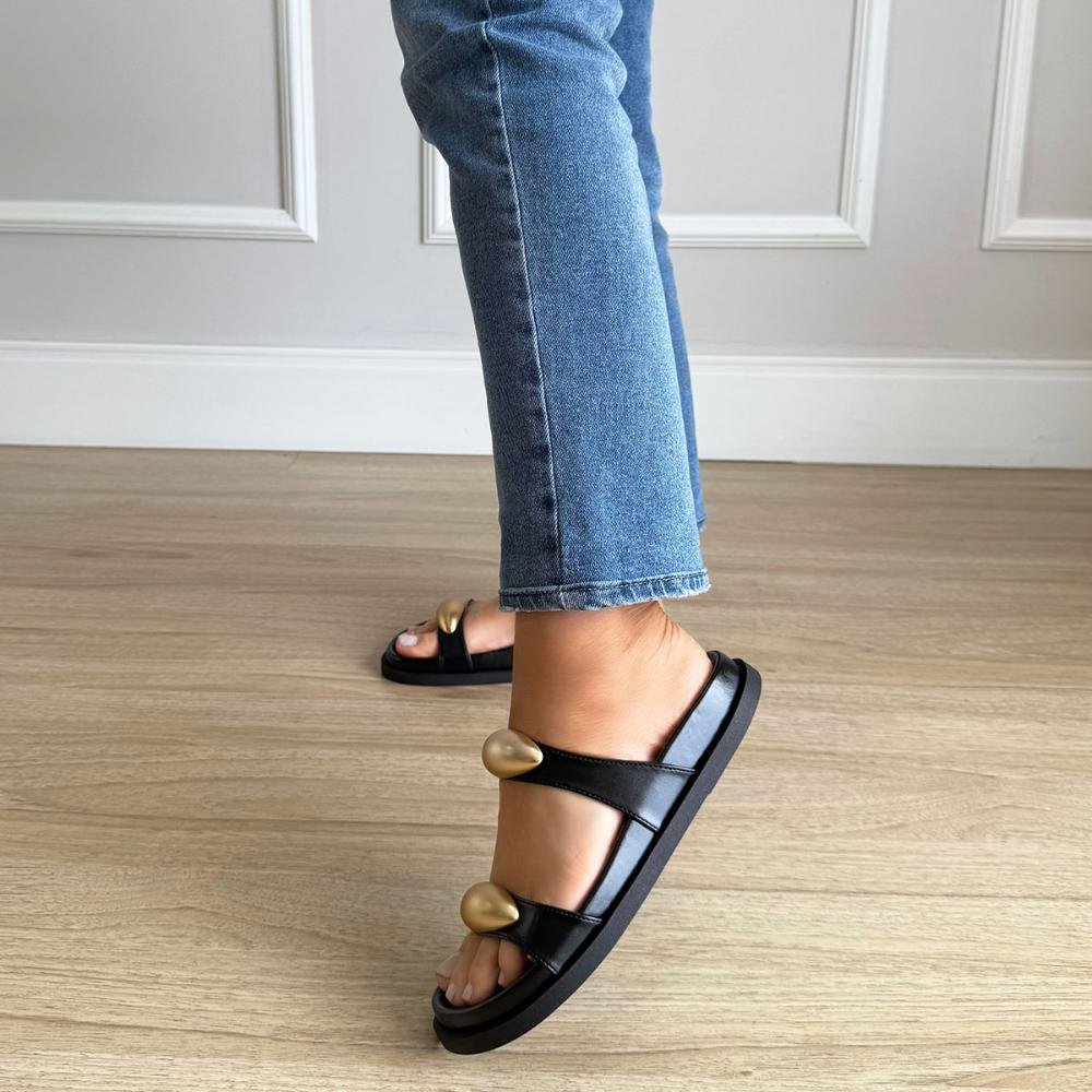 Lívia - Rasteira Feminina Preta com Detalhe Dourado Preto 6