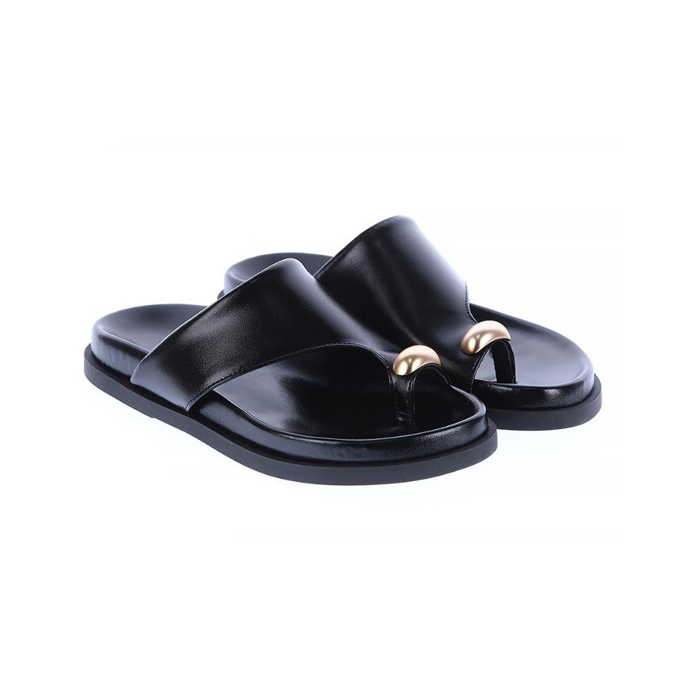 Olga - Rasteira Feminina Preta Dedo com Detalhe Dourado Preto 3