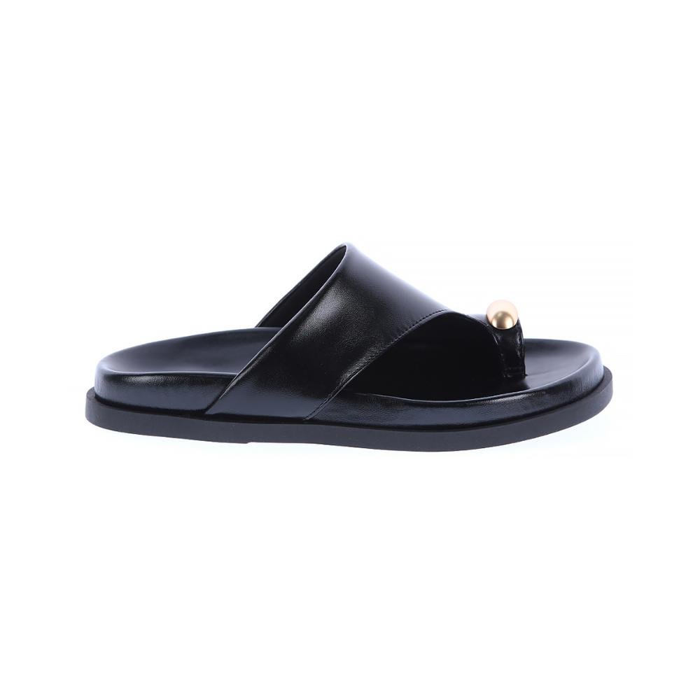 Olga - Rasteira Feminina Preta Dedo com Detalhe Dourado