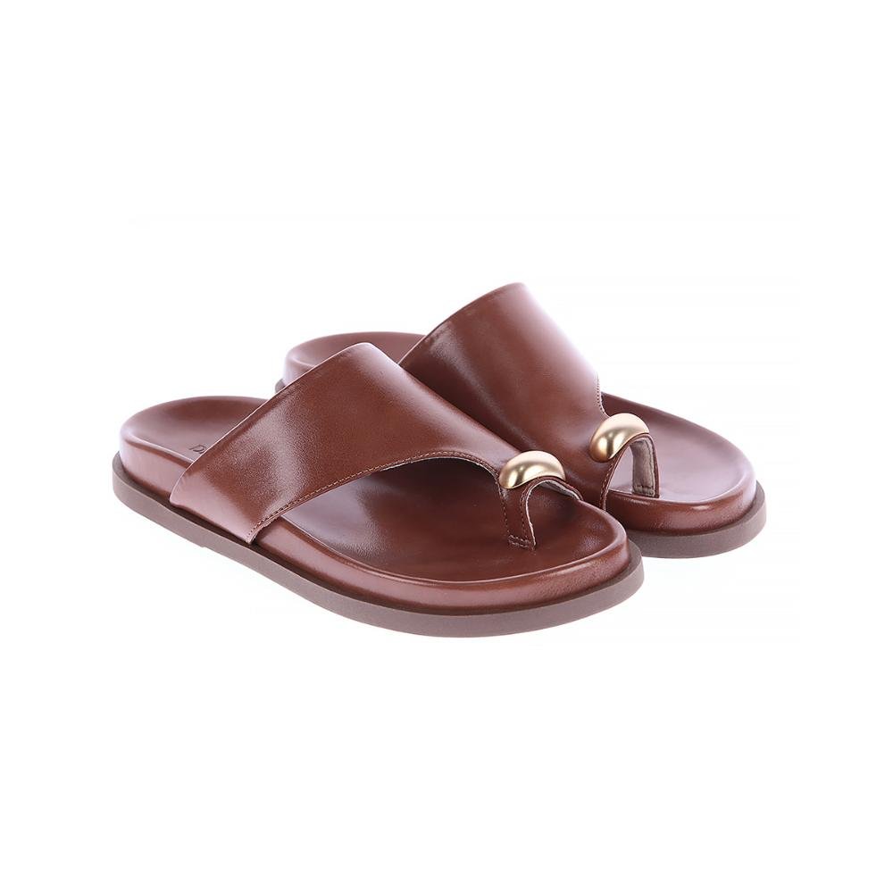 Olga - Rasteira Feminina Caramelo Dedo com Detalhe Dourado Caramelo 2