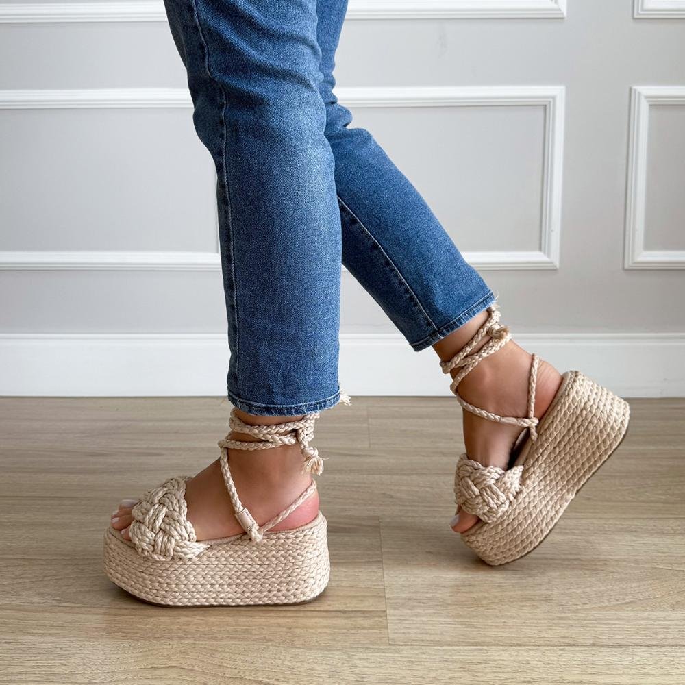 Carina - Sandália Flatform Tramada Amarração Natural Bege 4