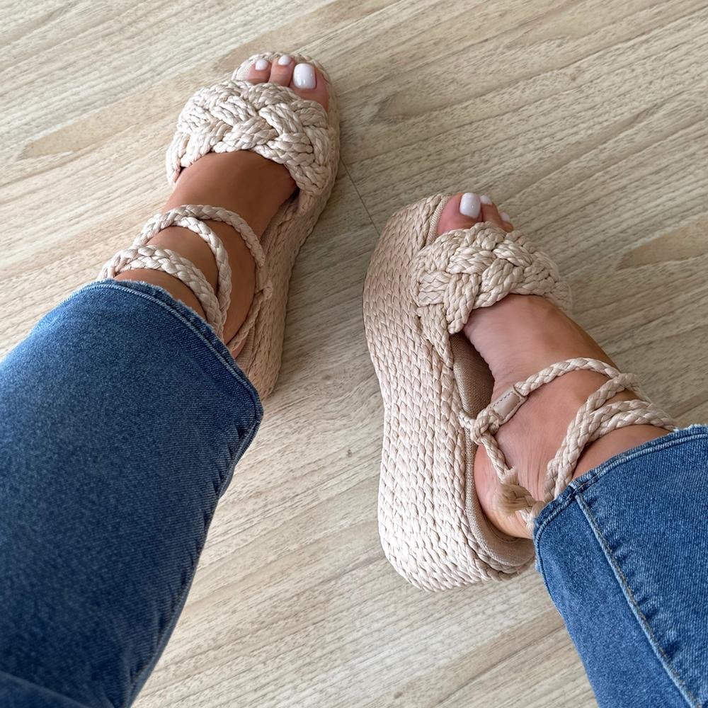 Carina - Sandália Flatform Tramada Amarração Natural Bege 5