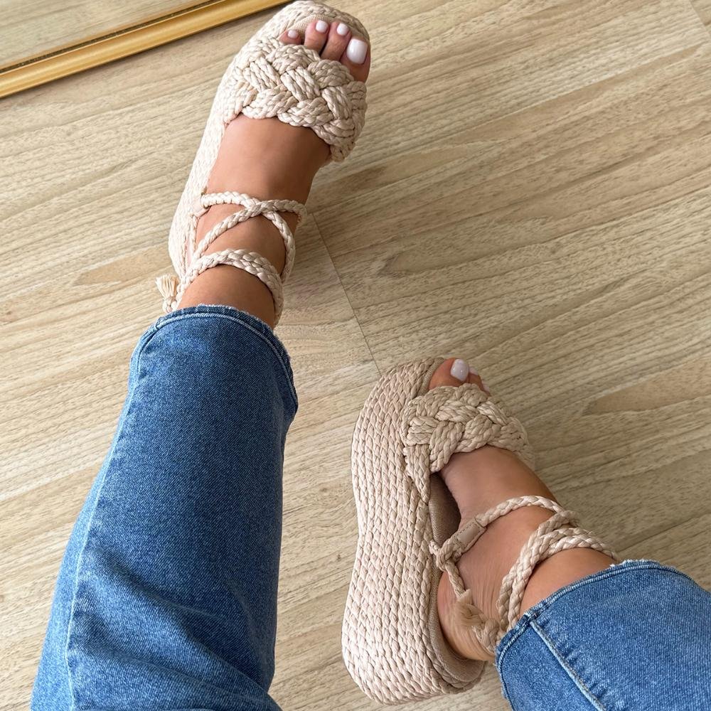 Carina - Sandália Flatform Tramada Amarração Natural Bege 6