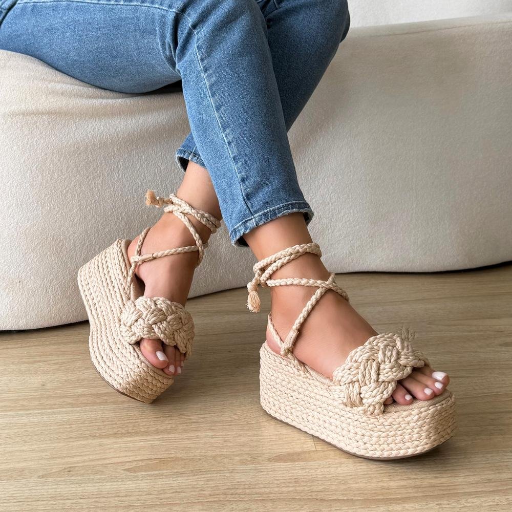 Carina - Sandália Flatform Tramada Amarração Natural Bege 7