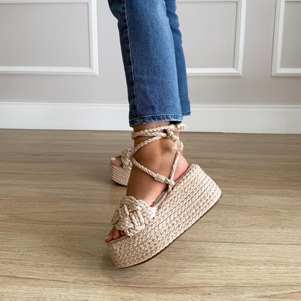Carina - Sandália Flatform Tramada Amarração Natural Bege 8