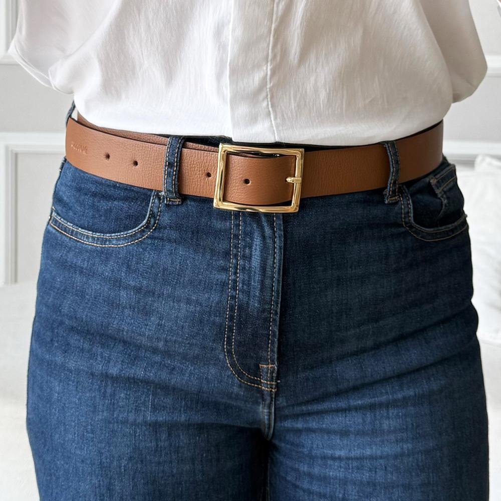 Nelly - Cinto Femino Couro Legítimo Caramelo Fivela Dourada Caramelo 2