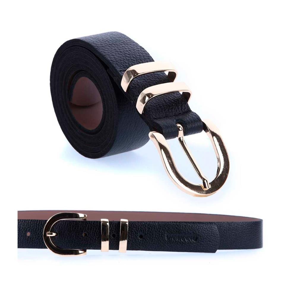 Jasmine - Cinto Femino Couro Legítimo Preto Fivela Dourada Elegante