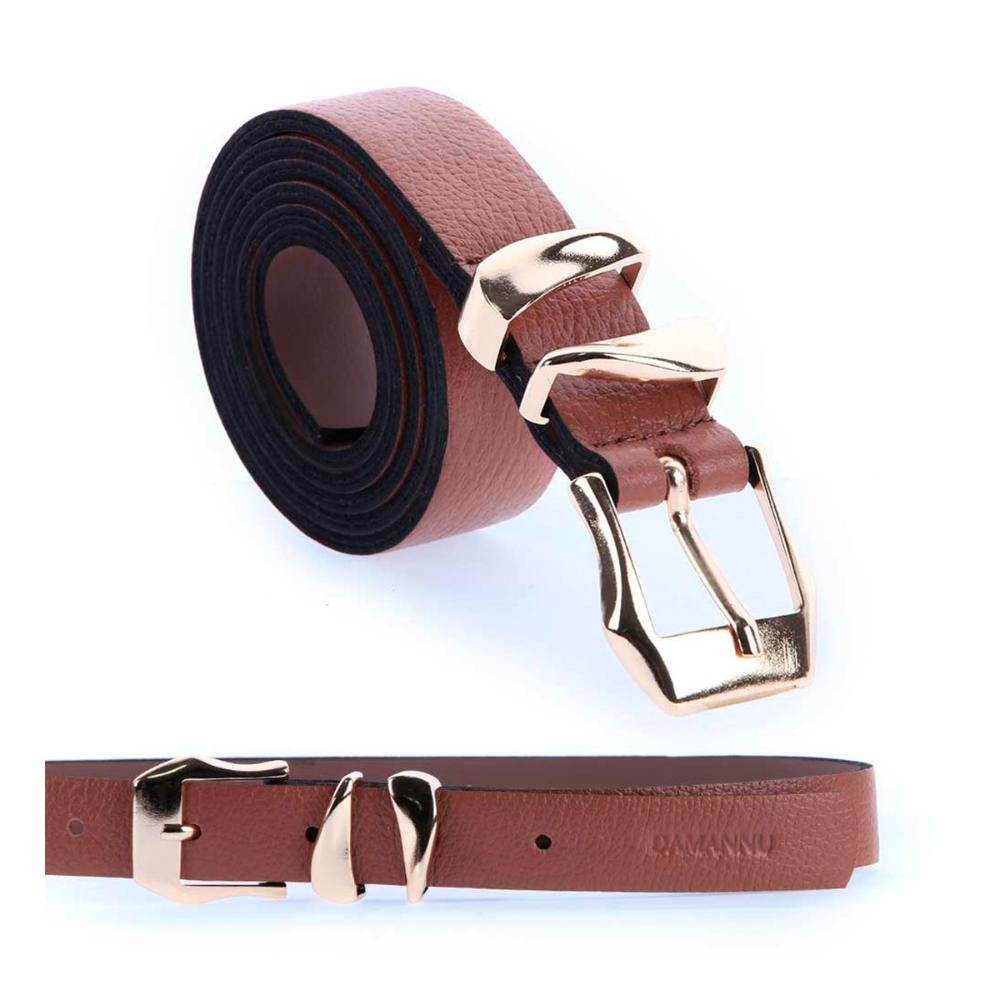 Jessy - Cinto Femino Couro Legítimo Caramelo Fivela Dourada