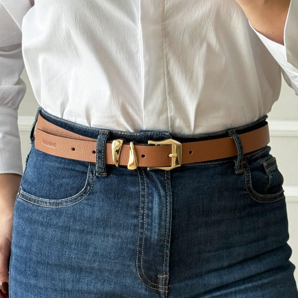 Jessy - Cinto Femino Couro Legítimo Caramelo Fivela Dourada Caramelo 2