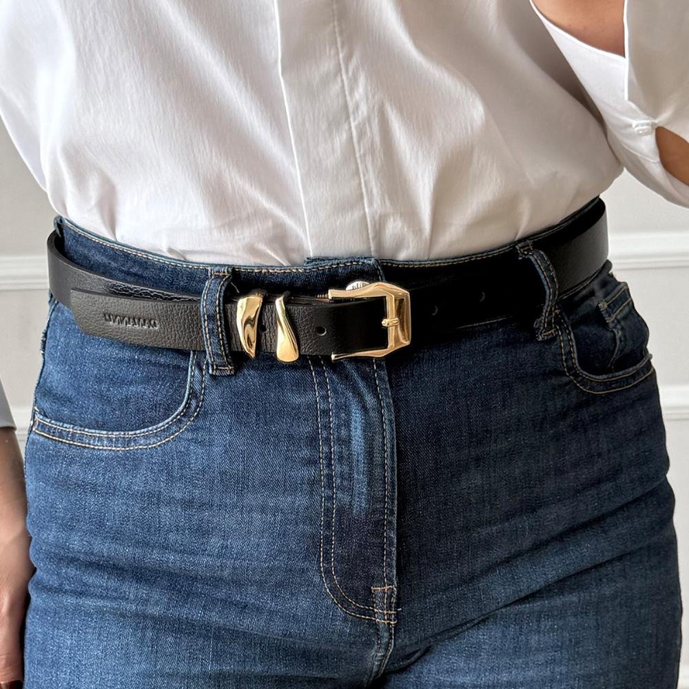 Jessy - Cinto Femino Couro Legítimo Preto Fivela Dourada Preto 2