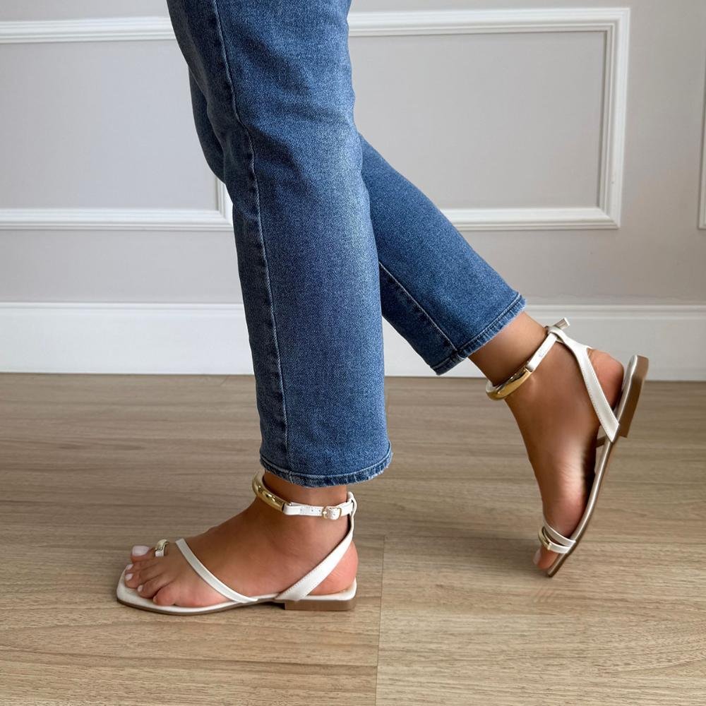 Michely - Rasteira Fashion Minimalista Off White com Detalhes Dourados Branco 5