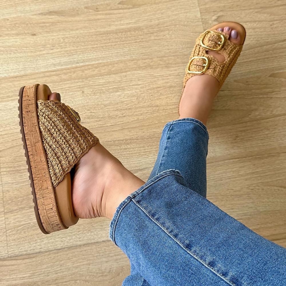 Giza - Sandália Flatform Feminina Crochê Bege com Fivelas Bege 2