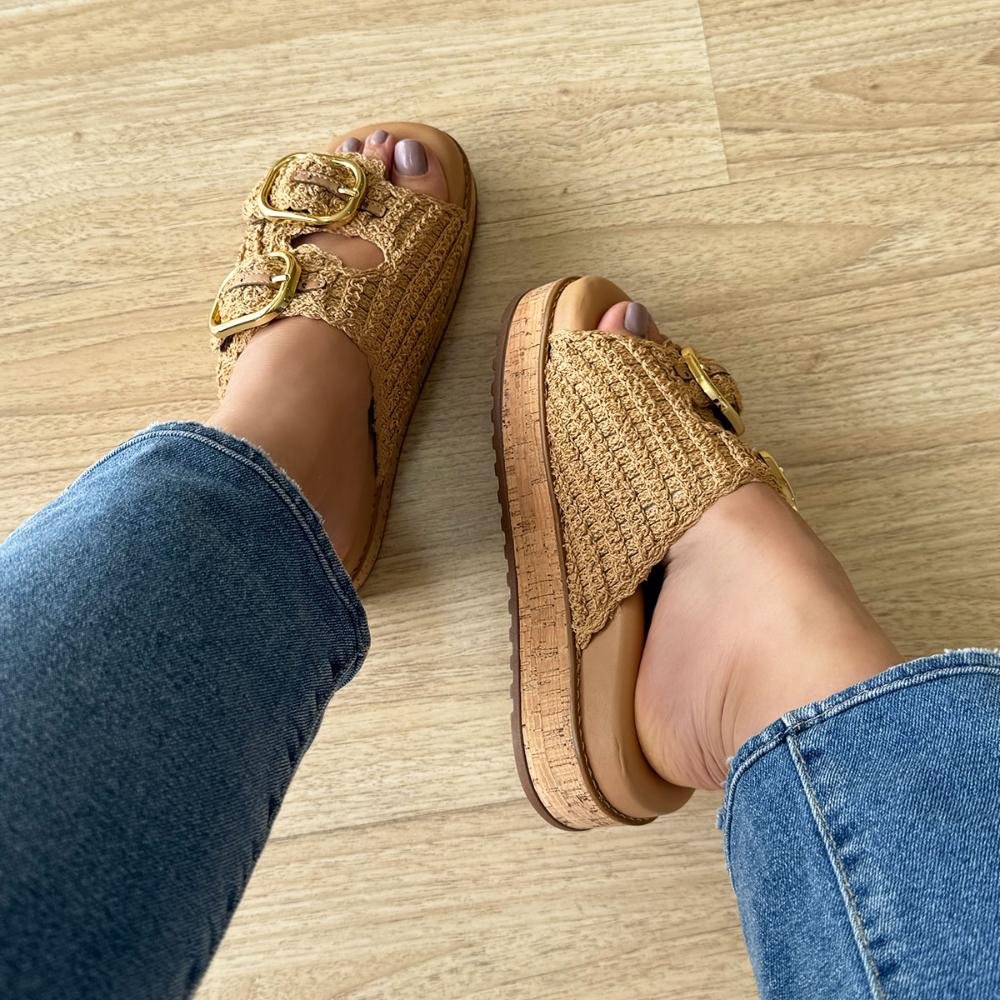 Giza - Sandália Flatform Feminina Crochê Bege com Fivelas Bege 5