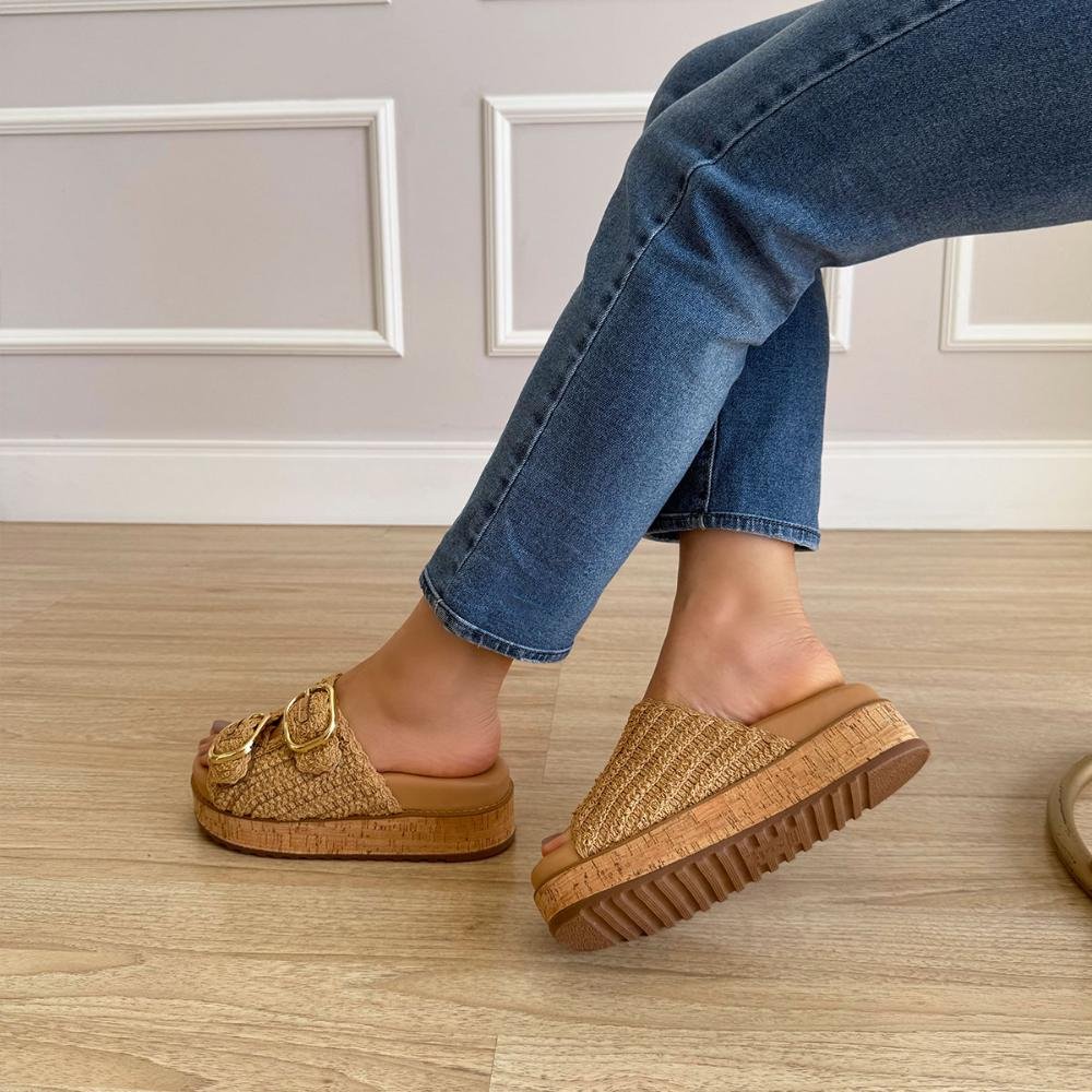 Giza - Sandália Flatform Feminina Crochê Bege com Fivelas Bege 7