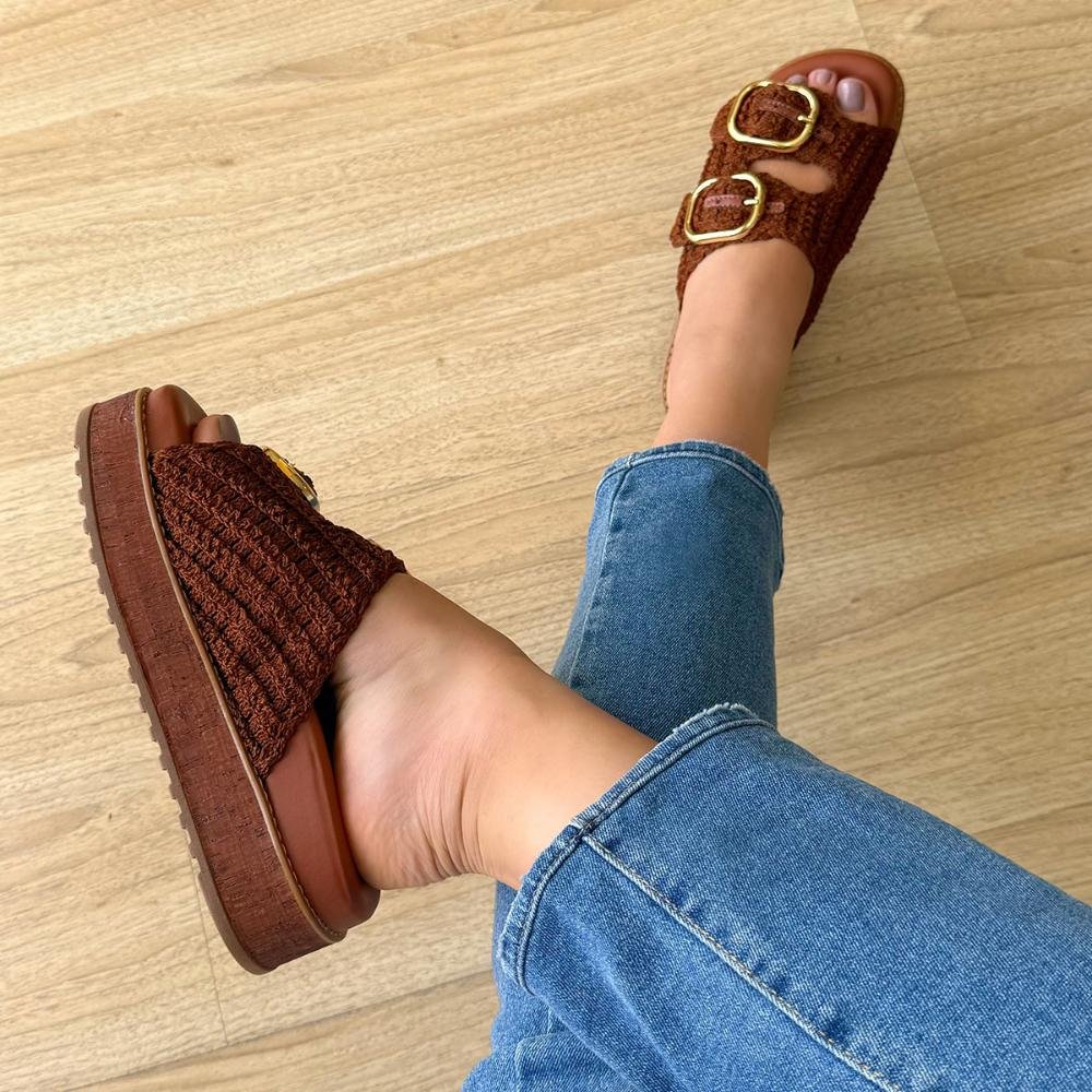 Giza - Sandália Flatform Feminina Crochê com Fivelas Marrom 2