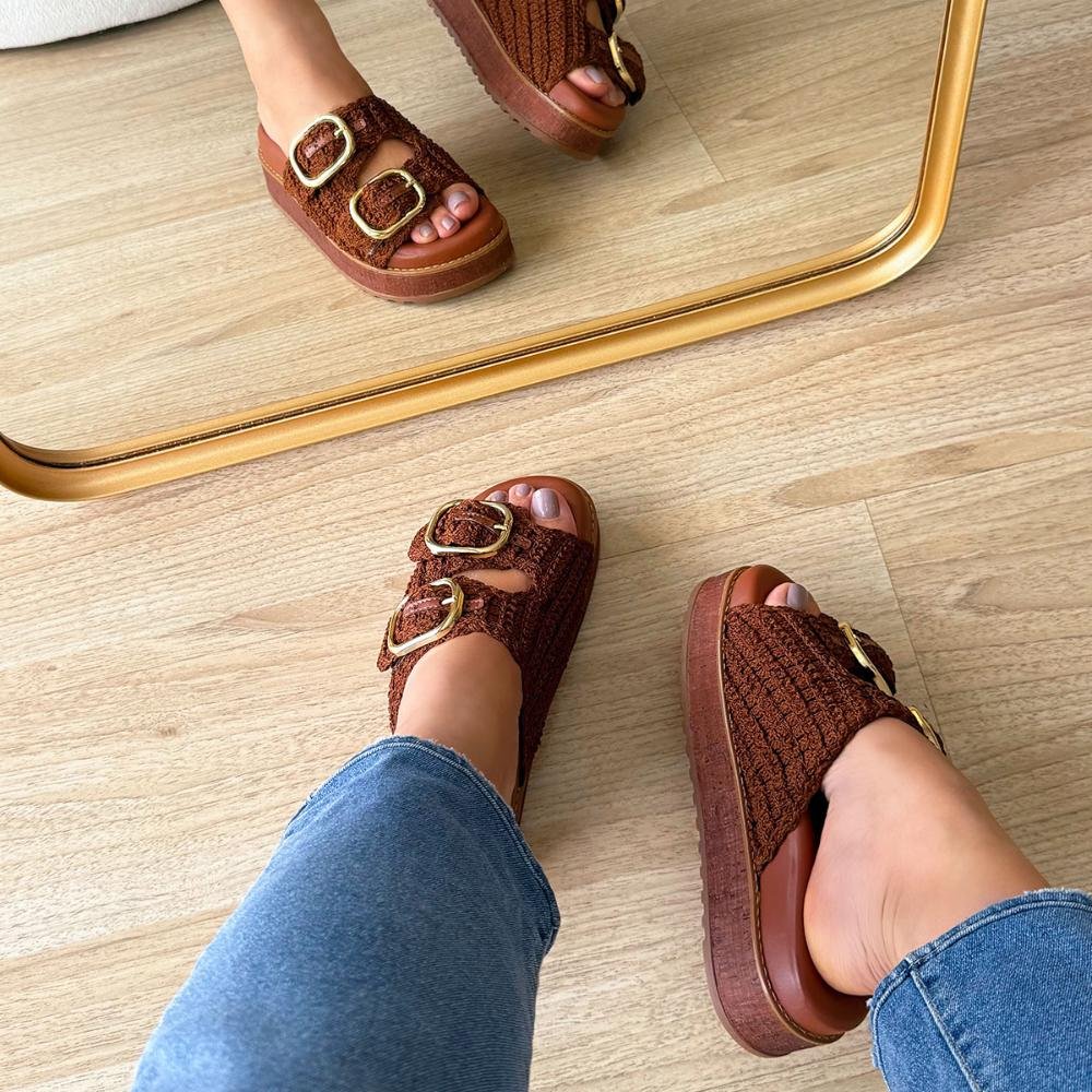 Giza - Sandália Flatform Feminina Crochê com Fivelas Marrom 4